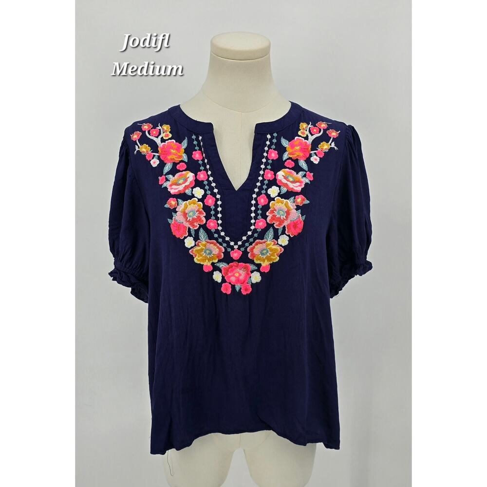 Jodifl Embroidered Boho Top – Medium – Navy with Floral Stitching